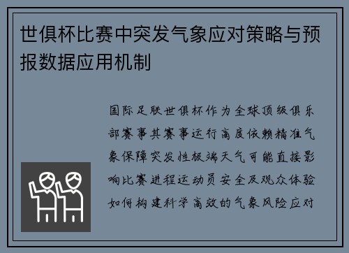 世俱杯比赛中突发气象应对策略与预报数据应用机制