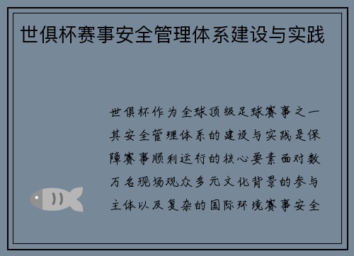 世俱杯赛事安全管理体系建设与实践